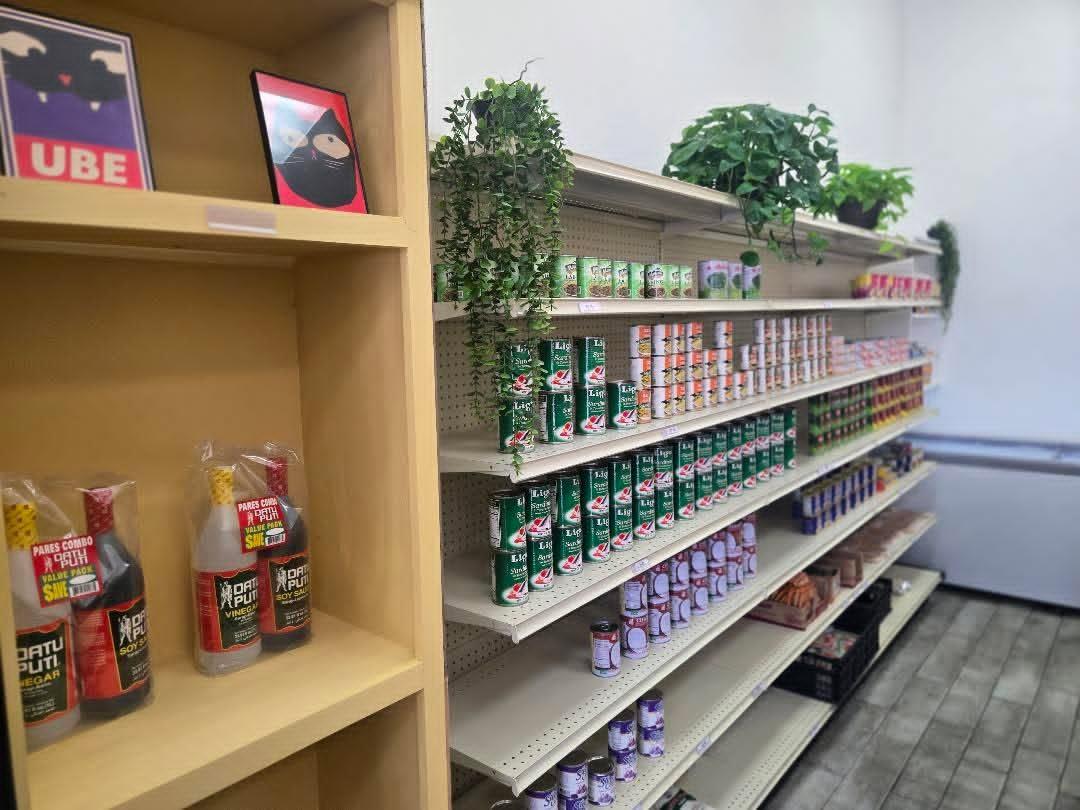 Filipino pantry aisle with sauces and canned goods at Pips